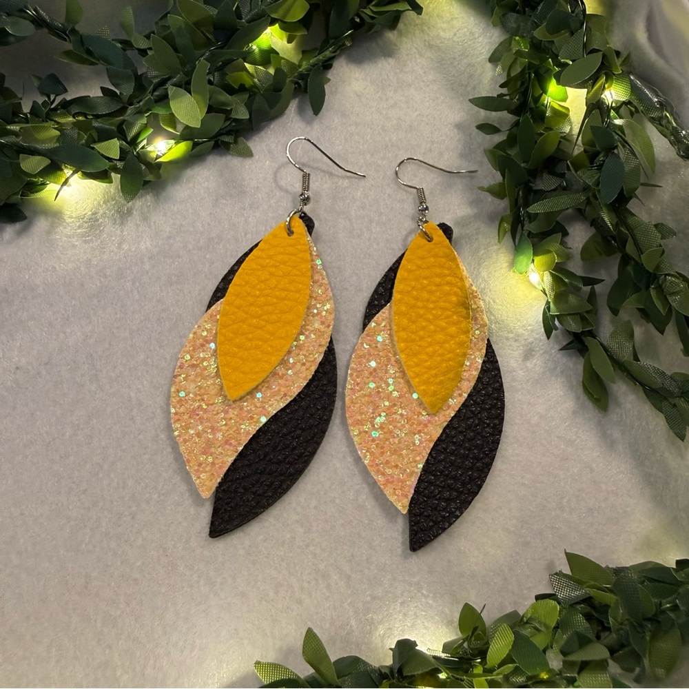 Handmade Layered‎ Leather Leaf Earrings Black Yellow Glitter Lightweight Dangle